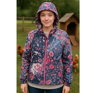 Chico's Zenergy Floral Print Hooded Rain Jacket Casual Paisley Size 1 US 8/10
